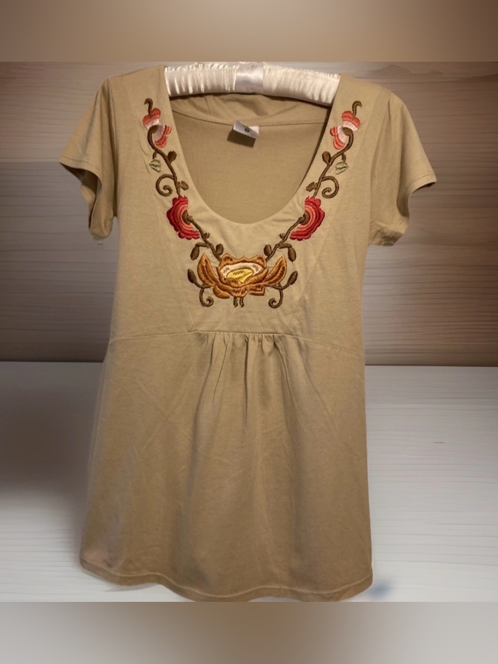 Beige Embroidered Scoop Neck Women’s Maternity Top